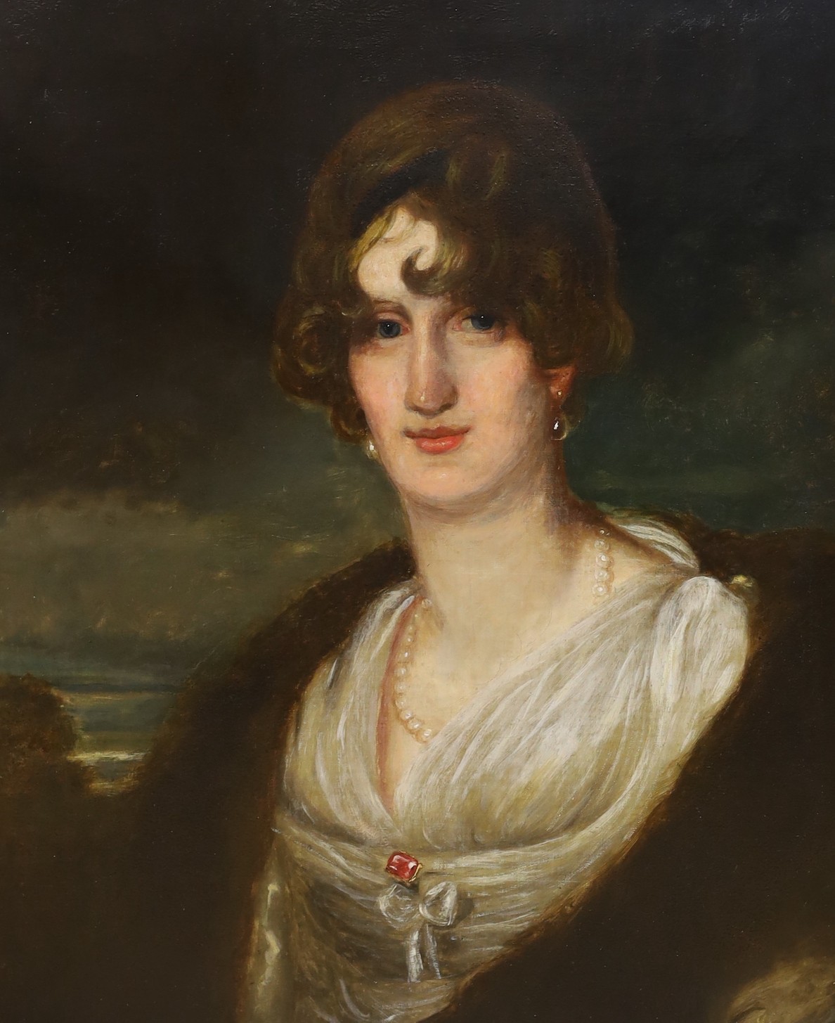 19th century English School, oil on canvas, Half length portrait of a lady, 71 x 59cm